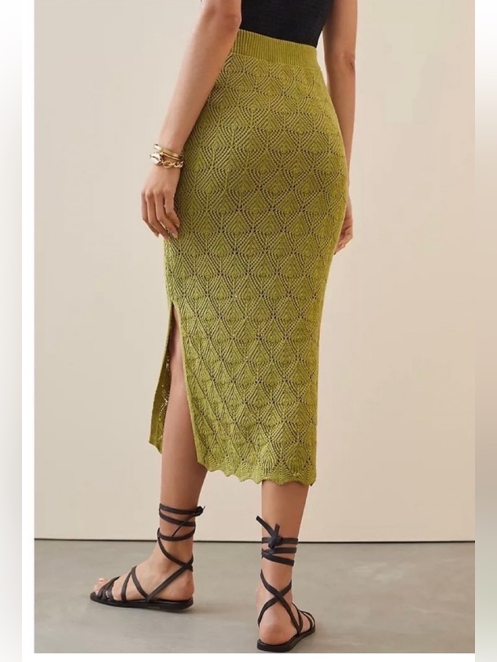 Anthropologie Womens Small Green Crochet Knit Pull on Midi Skirt - Picture 2 of 7